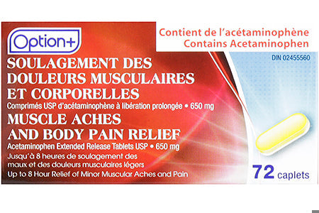 An image of OPTION+ ACETAMINOPHEN MULC ACHE&BODY CPLT 650MG 72 by Vita Health Prod Inc.