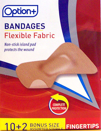 An image of OPTION+ BANDAGE FABRIC ADHESIVE FINGERTIP 10+2 by Towngate Pharmacy