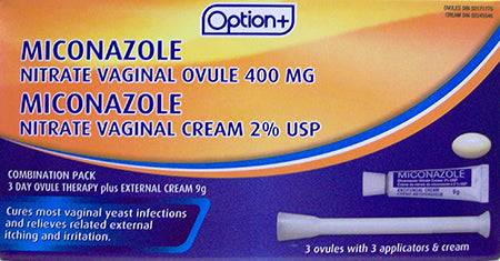 An image of OPTION+ MICONAZOLE DUOPAK 3OVULES/3APPL/CR 9G 1 by Towngate Pharmacy