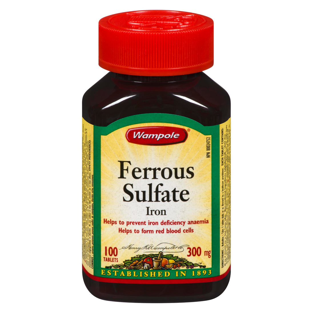 An image of FERROUS SULFATE TB 300MG 100 WAMPOLE by Wampole Canada Inc.
