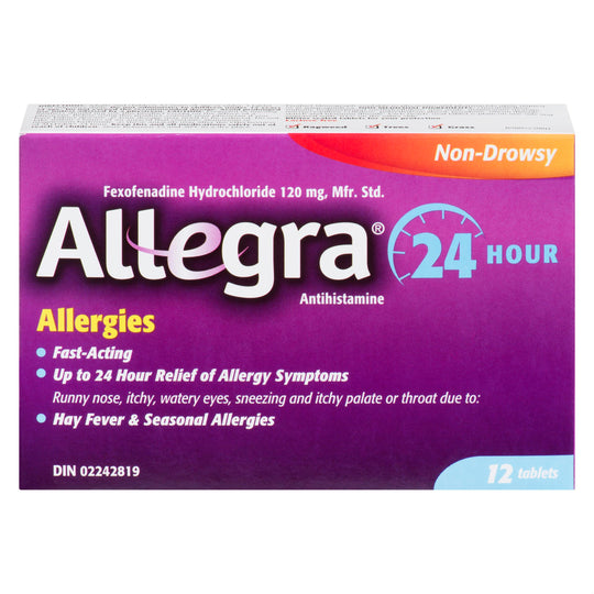 An image of ALLEGRA 24 HOURS TB 120MG 12 by Canderm Pharma Inc.
