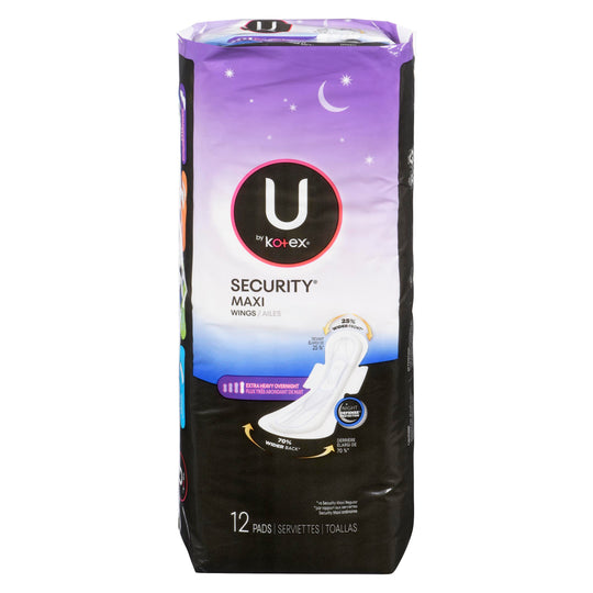 An image of U BY KOTEX SEC FEM MAXI PAD W/W NGT XHVY UNSC 12 by Towngate Pharmacy