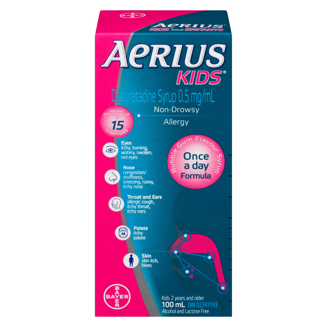 An image of AERIUS SYR BUBBLE GUM FLAVOR 100ML by Bayer Inc., Consumer Care Division