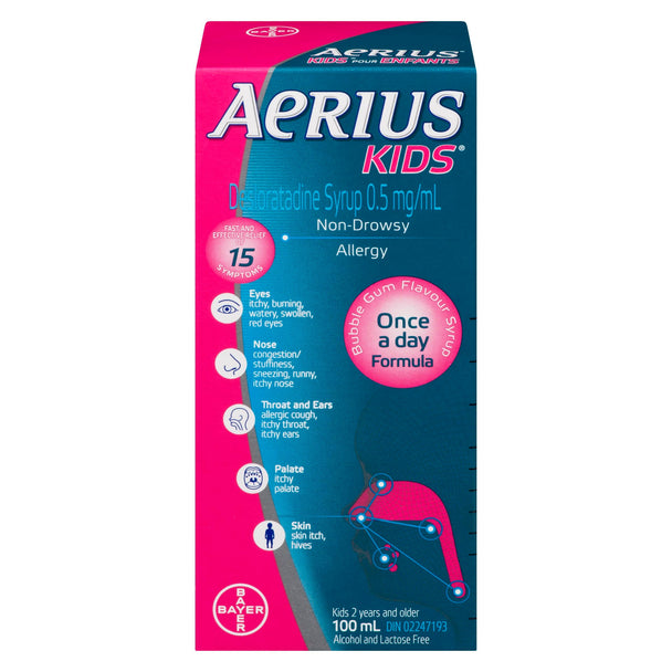 An image of AERIUS SYR BUBBLE GUM FLAVOR 100ML by Bayer Inc., Consumer Care Division