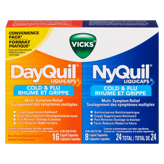 An image of VICKS NYQ/DAYQ CLD&FLU COMBO LIQUICAPS 16DAY+8NT by Towngate Pharmacy