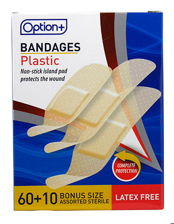 An image of OPTION+ BANDAGE PLASTIC 60+10 by Towngate Pharmacy