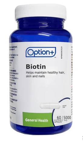 An image of OPTION+ BIOTIN CAPS 5000MCG 60 by Towngate Pharmacy