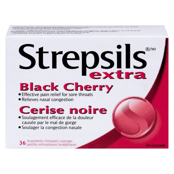 An image of STREPSILS LOZENGES XTRA BLACK CHERRY 36 by Reckitt Benckiser Canada Inc.