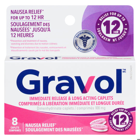 An image of GRAVOL LONG ACTION DUAL RELIEF CPLT 100MG 8 by Towngate Pharmacy