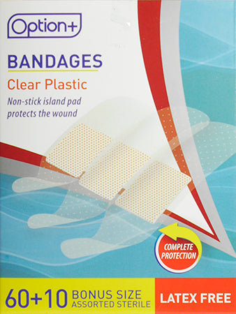 An image of OPTION+ BANDAGE PLASTIC CLEAR REGULAR 60+10 by Towngate Pharmacy